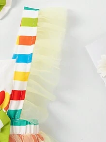 Baby Girl's Striped Cartoon Caterpillar Printed Bodysuit With Mesh Ruffle Trimmed Straps, Spring/Summer - Multicolor - View 4