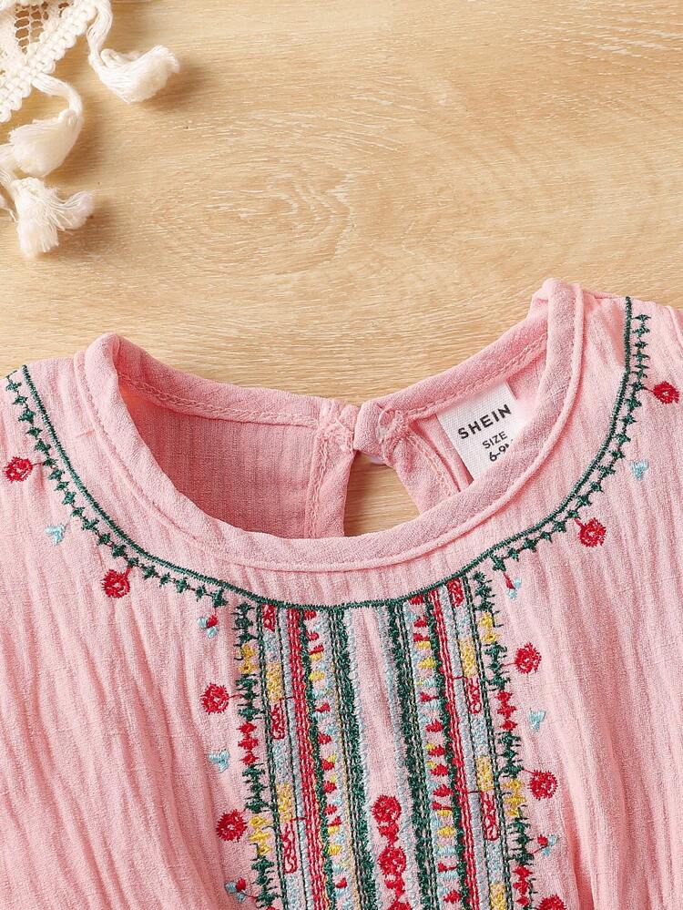 Baby Girl Open Shoulder Long Sleeve Dress With Embroidered Accents