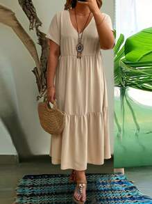 SHEIN Clasi Plus Size Women's Summer V-Neck Short Sleeve Ruffled Hem Long Dress - Apricot - View 5