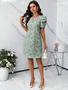 SHEIN Clasi Của phụ nữ Ống tay áo Hoa Dệt hoa Mùa Xuân Đầm - Màu xanh Bạc hà - Xem 3