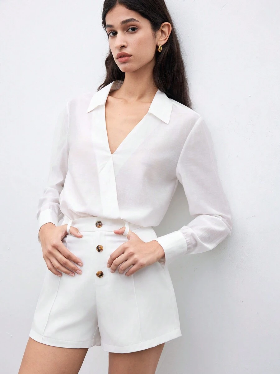 SHEIN Unity Women's Solid Color V-Neck Collar Shirt - White - View 1