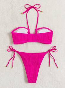 SHEIN Swim Summer Beach Textured Halter Neck Bikini Set - Hot Pink - View 2