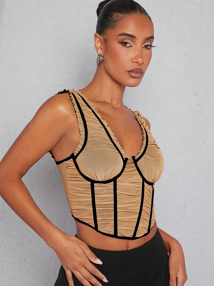 Contrast Binding Corset Ruched Top