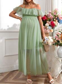 SHEIN Maternity Elegant Romantic Double Layered Ruffle Sleeve Dress, Suitable For Gender Reveal Party - Olive Green - View 4