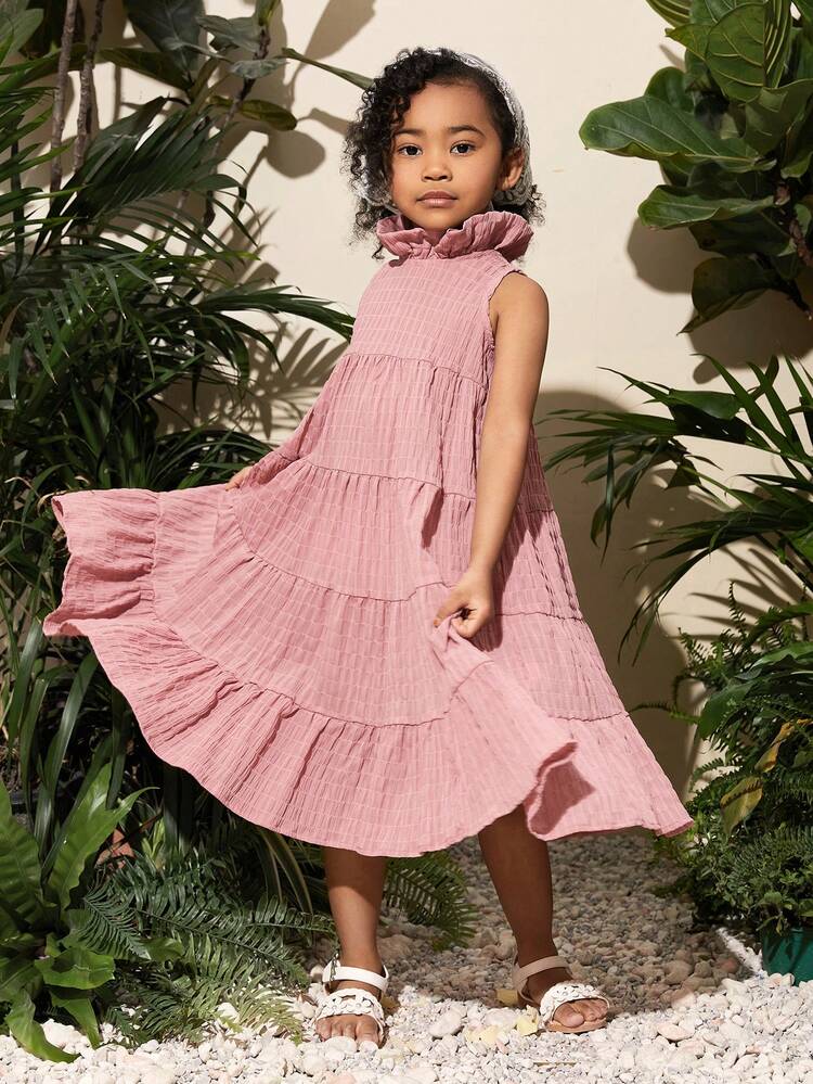 Young Girl Loose Fit Casual Ruffled Off-Shoulder Sleeveless Layered Vacation Dress