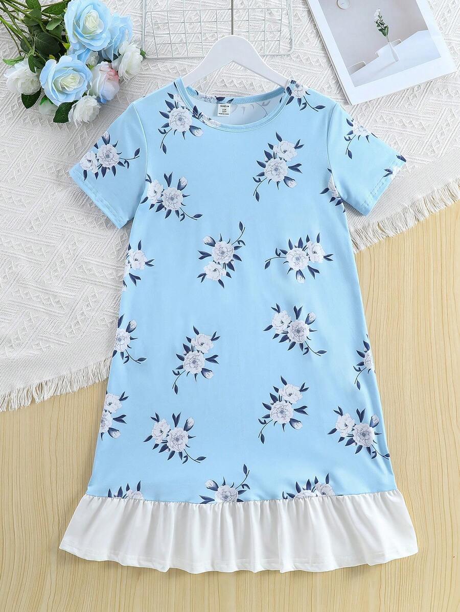 Tween Girl Floral Printed Patchwork Ruffle Hem Nightgown With One Piece Skirt For Summer - Blue and White - View 1
