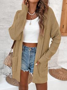 EMERY ROSE 女式雙口袋休閒春季開衫,開放式前裝和下垂式設計 - 駝色 - 查看 1