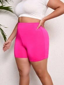 Plus Size Women Solid Color Skinny Leggings Shorts - Hot Pink - View 4