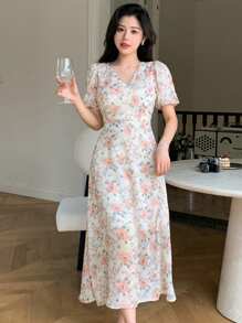 Dazy Designer Mùa hè giản dị Hoa In Cổ chữ V Váy bodycon - trái cam - Xem 3