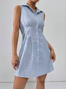 SHEIN Essnce 女式夏季休閒無袖鈕扣前衫裙 - 藍白色 - 查看 1