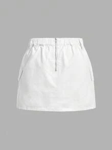 SHEIN MOD 大尺碼女性復古風格白色牛仔迷你裙,配有實用細節 - 白色 - 查看 2