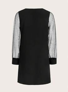 SHEIN LUNE Butterfly And Rhinestone Design Mesh Sleeve With Scallop V Neck Dress Fall Cloth For Women - Black - View 2
