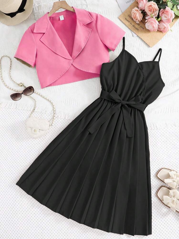 Teen Girl Short Sleeve Top And Spaghetti Strap Dress 2pcs Set, Suitable For Summer