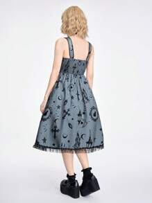 ROMWE Kawaii 女士夏季吊帶連身裙,撲克牌印花和蝴蝶結裝飾 - 黑色 - 查看 5