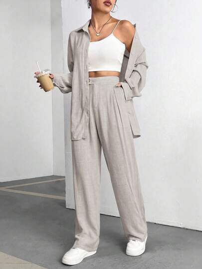 Flirla חולצה בעלת שרוולים ארוכים ומכנסיים בצבע אחיד לנשים, סט דו חלקים