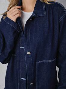 SHEIN Túi nghiêng Thả vai Áo khoác denim - Rửa tối - Xem 3