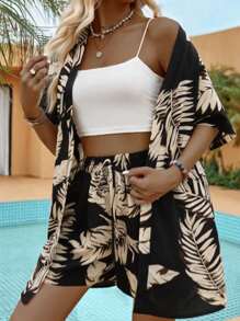 Slaydiva Lễ hội âm nhạc Boho mùa hè rộng rãi nhiệt đới in hoa tay ngắn cài nút và quần short trang phục hai mảnh - Nhiều màu - Xem 1