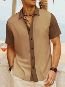 Manfinity Homme 男士撞色图案趣味短袖领衬衫，适合爸爸和我，外出，爸爸 - 卡其色 - 查看 3