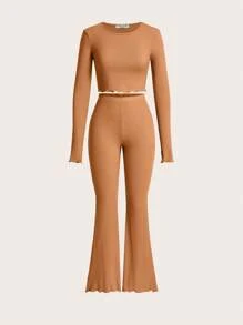 Leisure Comfortable Rayon Solid Lettuce Thumb Hole Crop Top & Flare Leg Pants Women Lounge Set-Orange - Khaki - View 5