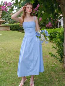 Women's Fashion Solid Color French Style Cami Dress - Blue - View 6