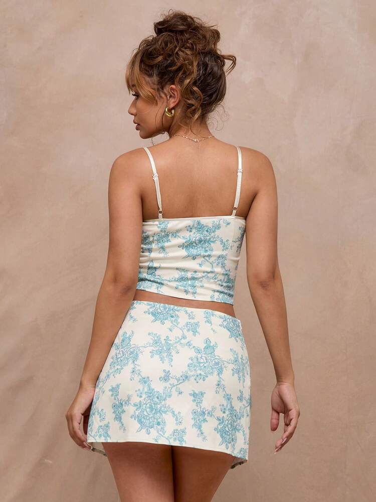 Porcelain Floral Print Satin Tie Front Corset Top Elegant Vacation Beach Ibiza Spring Summer Festival Holiday