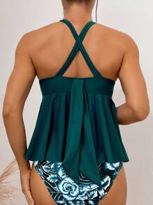 SHEIN Swim Damen Zweiteiler Badeanzug mit Rüschenkante und gekreuztem Rückendesign, perfekt für Urlaub im Sommer - Verschiedenfarbig - Übersicht 2