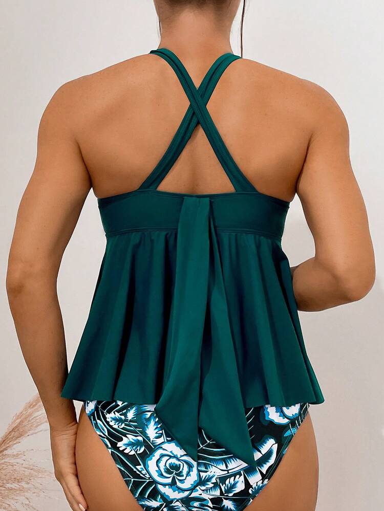 Women's Two Pieces Swimwear With Ruffled Trim And Crossed Back Straps Design, Perfect For Vacation Summer