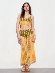 Maija Bộ đồ hai mảnh dệt kim khoét rỗng đơn giản cho nữ đi nghỉ - Màu vàng - Xem 1