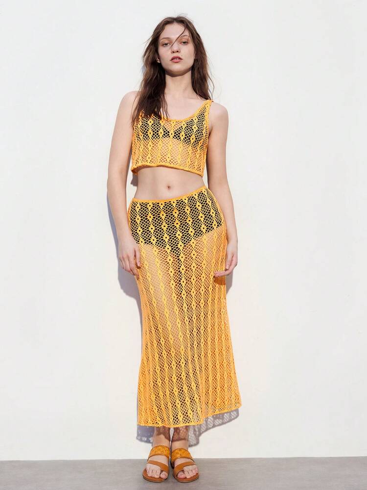 SHEIN Maija Women's Plain Hollow Out Knit See Through Two Pieces Set For Vacation