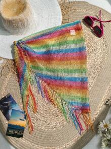 Costavie 女士彩色碎片拼接流蘇綁帶前開襯衫，適合夏季海灘 - 彩色 - 查看 6