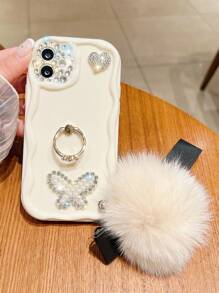 Butterfly Decor Phone Case With Plush Ball & Ring Holder - Multicolor - View 3