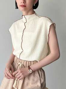 FRIFUL 女士夏季彩色拼接短袖t恤,捲邊設計 - 杏色 - 查看 4