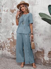 EMERY ROSE Women's Plain Loose Fit Suit With Buttons Down The Front For Spring/Summer Vacation - Blue - View 3