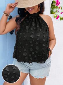 SHEIN Clasi Plus Size Flower Applique Sleeveless Casual Shirt - Black - View 4