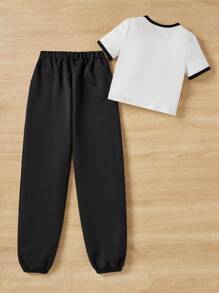 SHEIN 青少年女孩甜美酷炫針織面印花短袖圓領上衣+有趣口號印花捲邊褲套裝，適合日常穿著 - 白色 - 查看 2