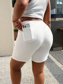 SHEIN EZwear Plus Size Solid Color Elastic Waist Cycling Shorts With Back Pocket - White - View 2