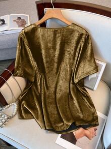 SHEIN Clasi Plus Size Solid Color V-Neck Short Sleeve Shirt - Gold - View 2