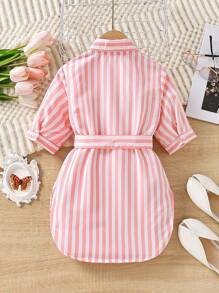 SHEIN Young Girl Striped Print Flap Pocket Belted Shirt - Multicolor - View 2
