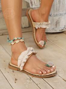 米色橡膠底防滑女士平底涼鞋,配菠蘿形扣環、腳趾扣和腳踝帶,展現春夏新裝扮 - 米色 - 查看 1