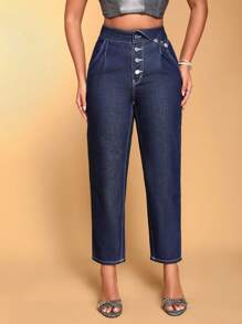 SHEIN BAE 單扣門襟折疊腰牛仔長褲 - 藍色 - 查看 4