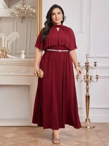 Modelyn Vestido largo de talla grande de color rojo burdeos sólido con cuello alto, para primavera/verano, con diseño calado - Burdeos - Ver 1