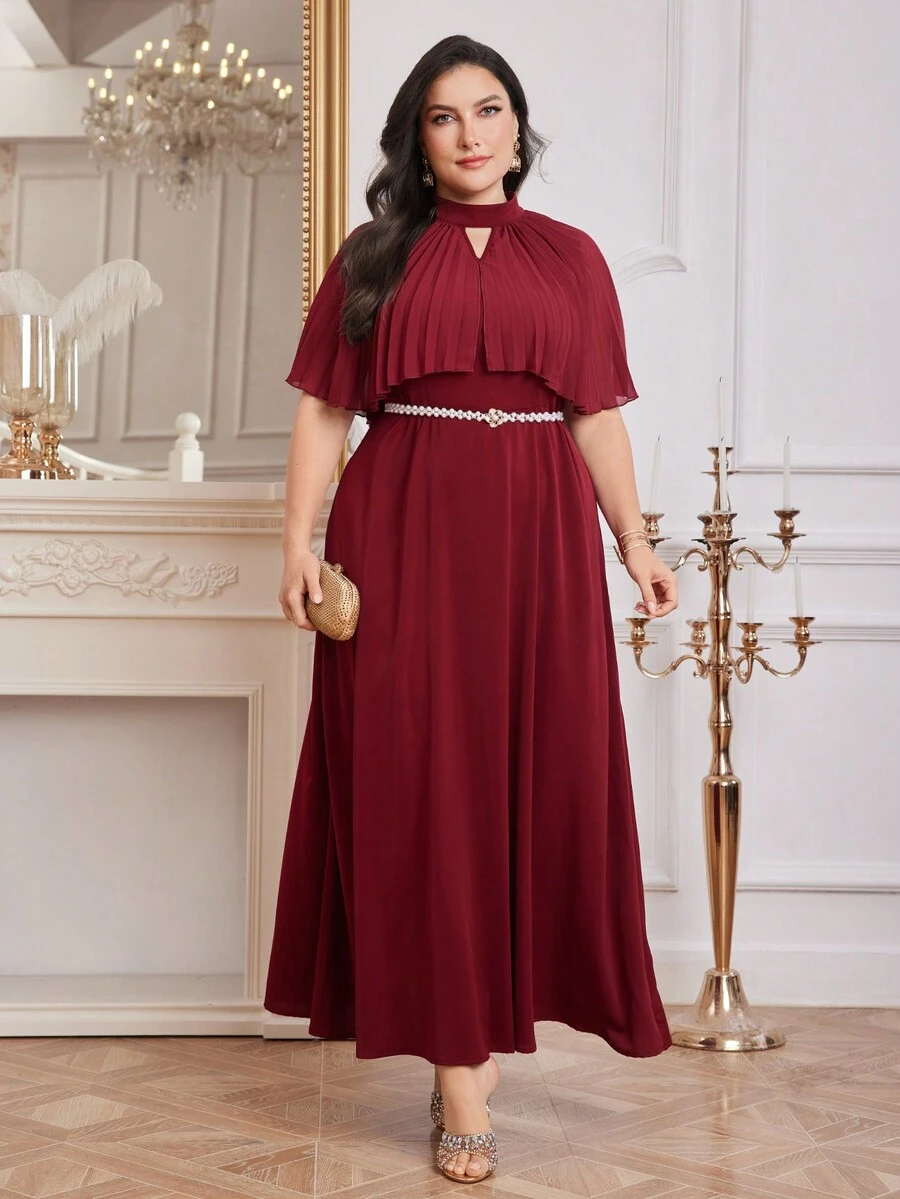 Modelyn Vestido largo de talla grande de color rojo burdeos sólido con cuello alto, para primavera/verano, con diseño calado - Burdeos - Ver 1