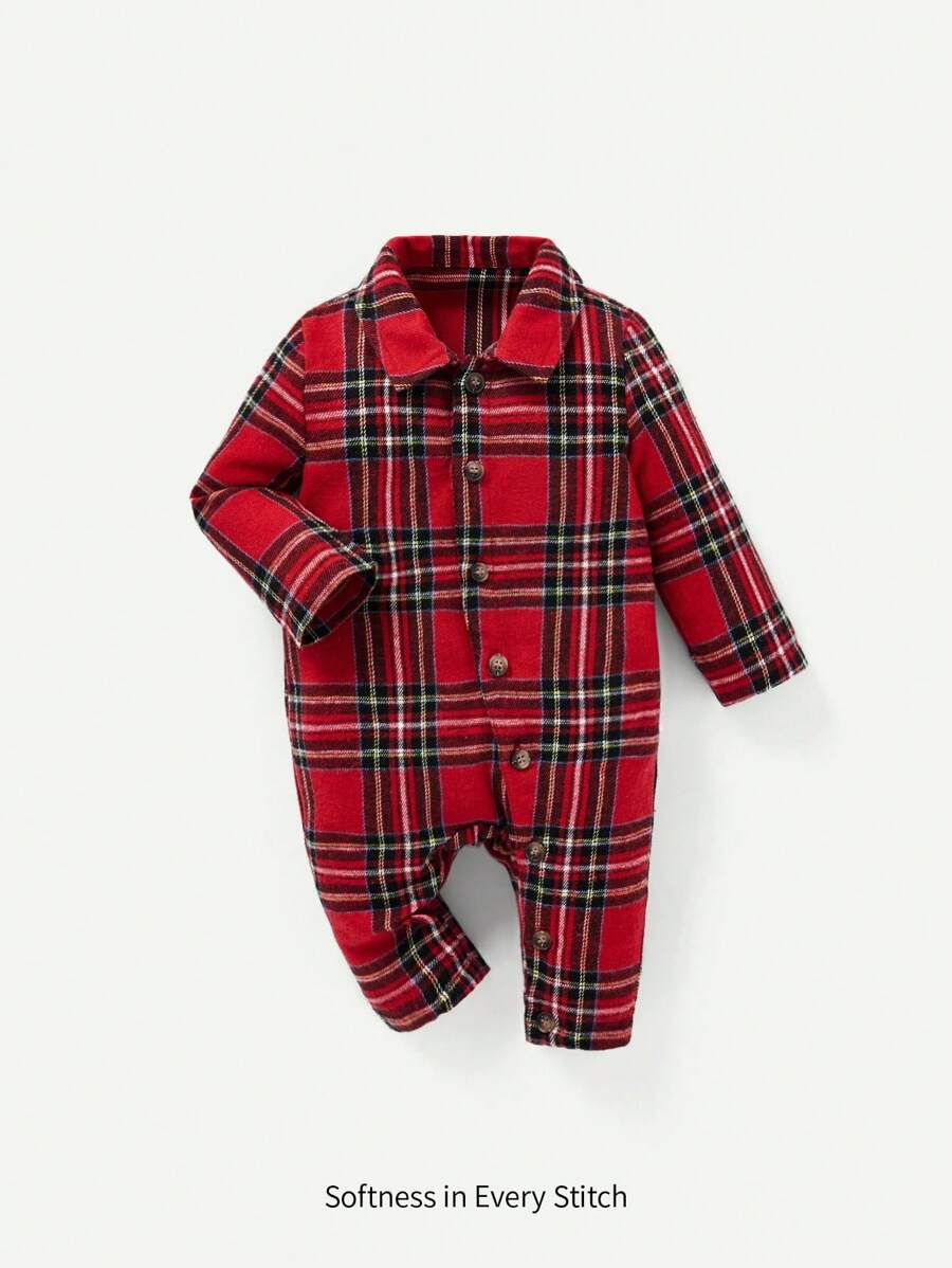 Cozy Pixies 男嬰格子呢圖案前紐扣襯衫連體褲 - 紅色 - 查看 1
