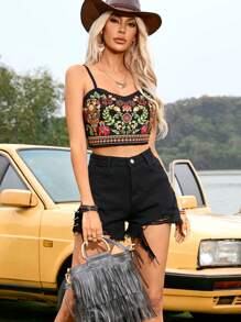 SHEIN VCAY Vacation Style Plant Print Patchwork Lace Hem Knit Cami Top For Women - Black - View 6