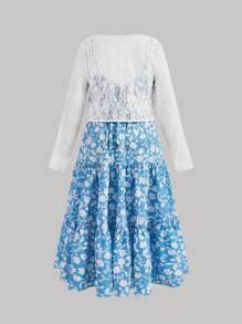 SHEIN MOD 大尺碼婦女花邊和藍色點綴花印背蝴蝶結帶無袖蛋糕裙兩件套裝，夏季套裝，裙子畢業典禮，兩件裙子套裝 - 藍白色 - 查看 4