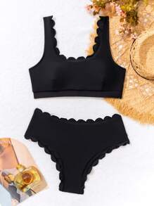SHEIN Swim 女士扇貝邊背心 風格 二件套裝 - 黑色 - 查看 8
