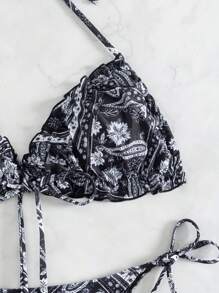 SHEIN Swim Bộ đồ bơi bikini buộc cổ họa tiết Paisley mùa hè - Đen và trắng - Xem 3