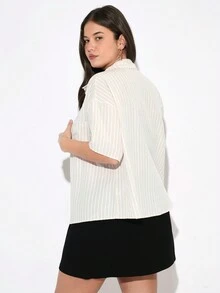 SHEIN BASICS Plus Size Women's Woven Striped Shirt With Collar For - Apricot - View 2