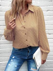 SHEIN LUNE Màu thuần Textured Tay áo lồng đèn Áo sơ mi - Màu Khaki - Xem 6