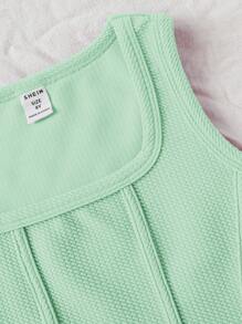 SHEIN Camiseta sin mangas básica para niña preadolescente tejida a mano para el verano con escote cuadrado y dobladillo curvado - Verde Lima - Ver 3